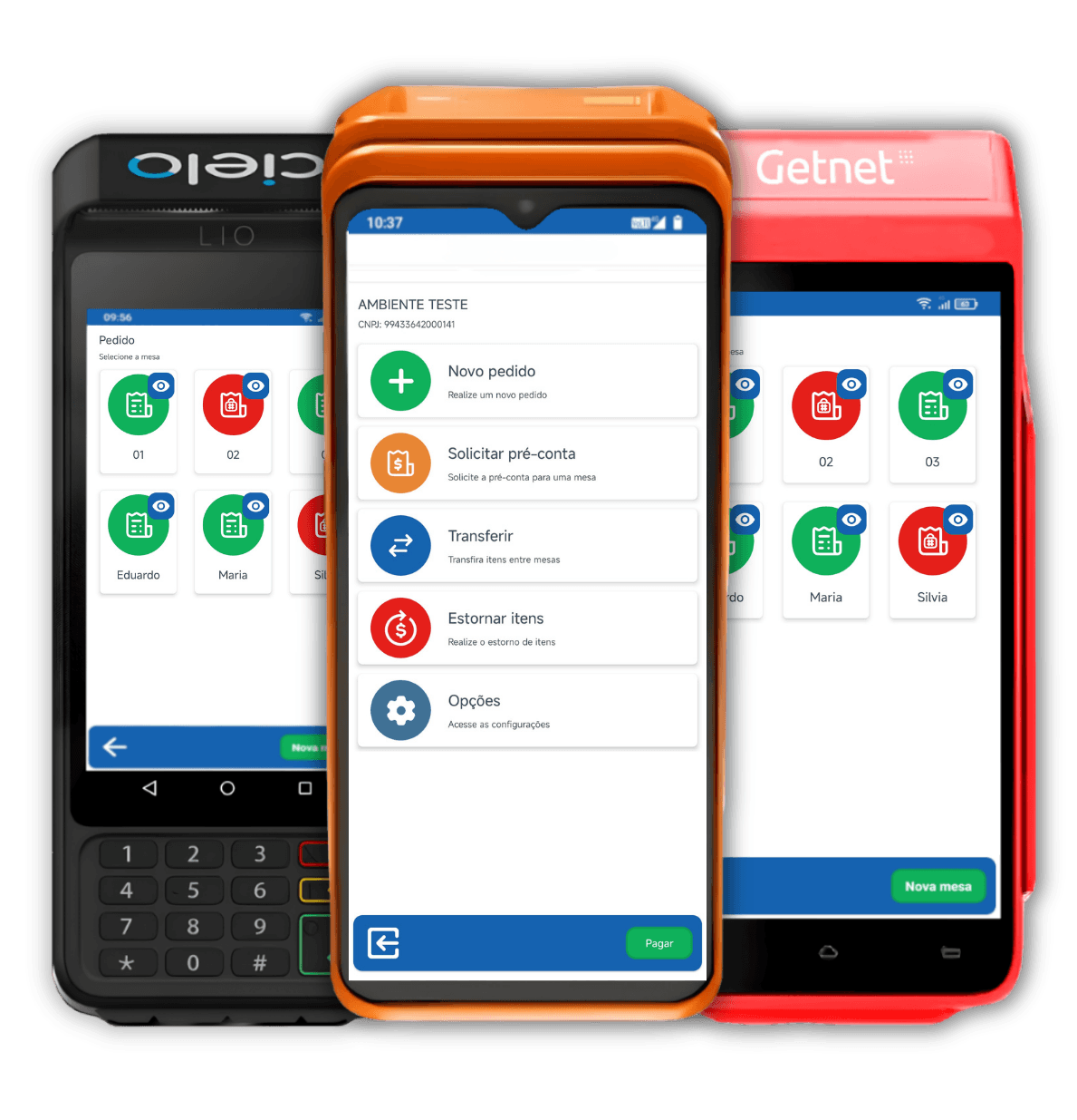 Três dispositivos portáteis robustos com telas rotuladas exibindo aplicativos de gerenciamento de tarefas, cada um em cores diferentes—preto com DIOD, laranja com OHM e vermelho com GETAC.